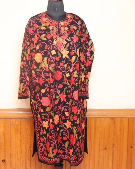 Gousia Black Wool Front Jaal Aari All Over Kashmiri Pheran L41