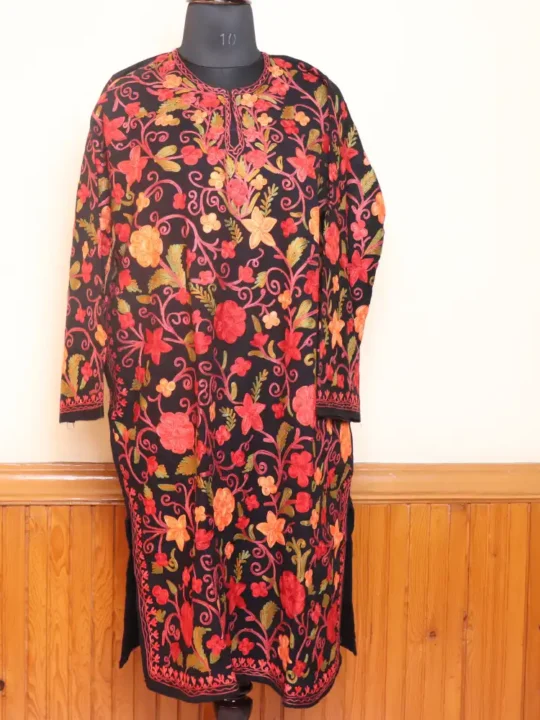 Gousia Black Wool Front Jaal Aari All Over Kashmiri Pheran L41