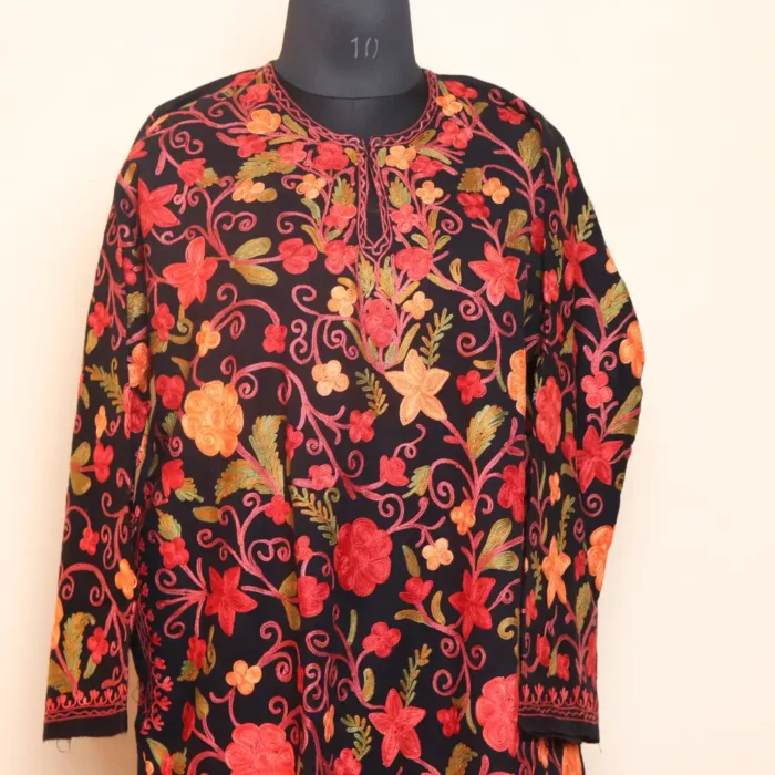 Gousia Black Wool Front Jaal Aari All Over Kashmiri Pheran L41 - Image 2