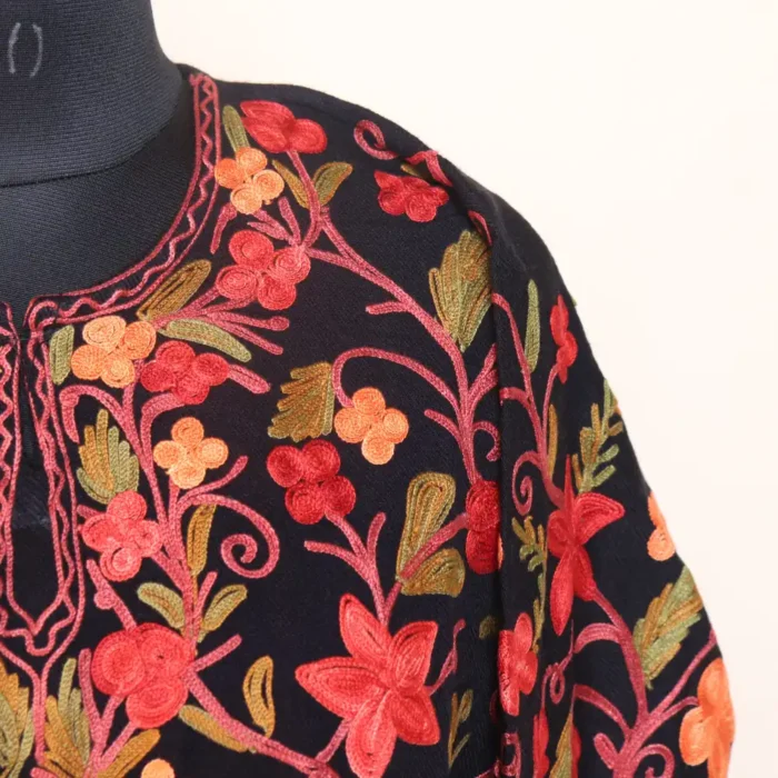 Gousia Black Wool Front Jaal Aari All Over Kashmiri Pheran L41 - Image 3