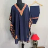 Kashmiri Side Panel Dark Blue Kaftan Set in Summer Cool Fabric - Nowhatta Collection