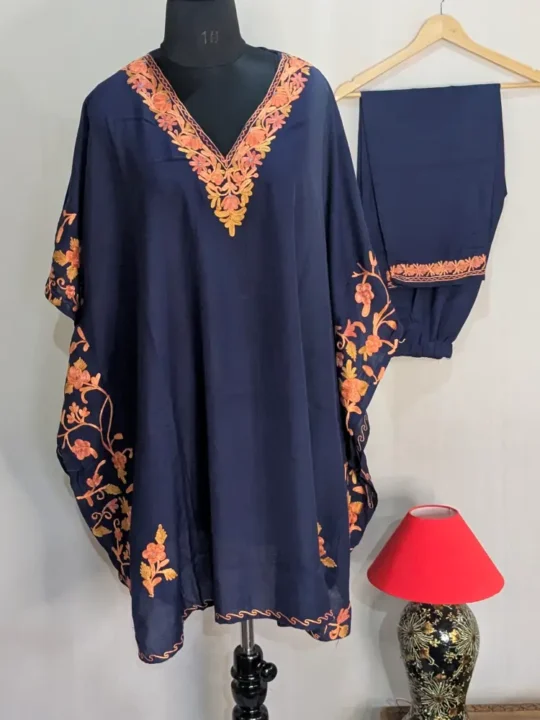 Kashmiri Side Panel Dark Blue Kaftan Set in Summer Cool Fabric - Nowhatta Collection