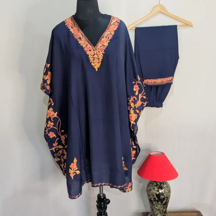 Kashmiri Side Panel Dark Blue Kaftan Set in Summer Cool Fabric - Nowhatta Collection