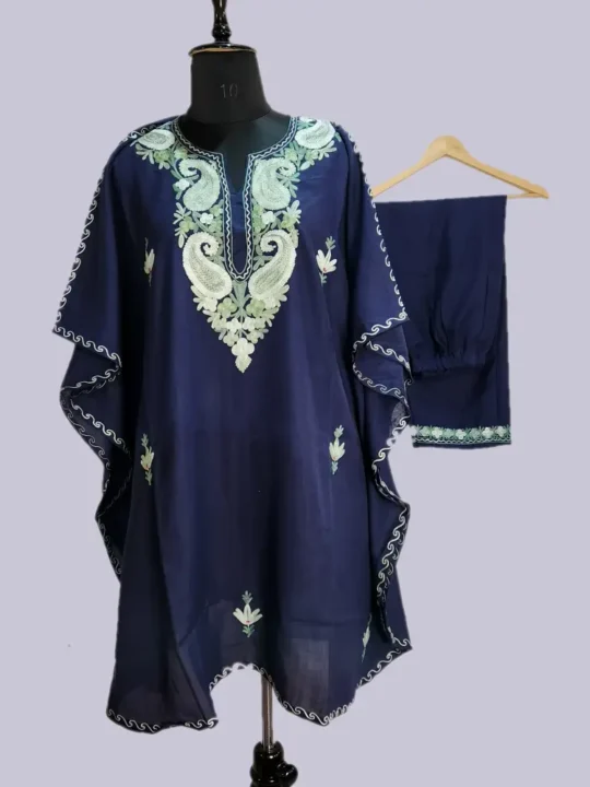 Kashmiri Boothidar Dark Blue Kaftan Set with Aari Embroidery in Summer Cool Fabric – Nowhatta Collection