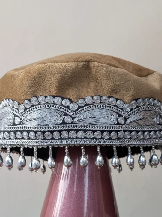 Beige Kashmiri Velvet Bridal Cap with Tilla Work
