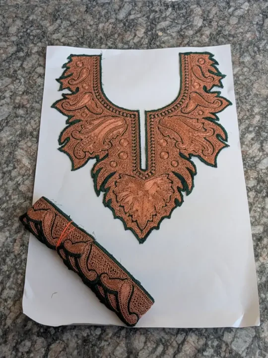 Green & Copper Kashmiri Tilla Embroidery Patch Chinar Motifs with (4.3m) Lace