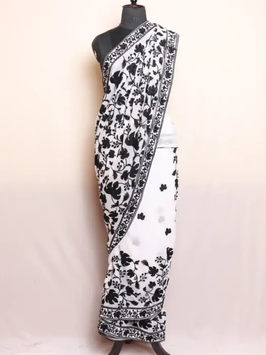 White Akh Rang Georgette Saree with Black Chinari Aari Work - Roshe Collection