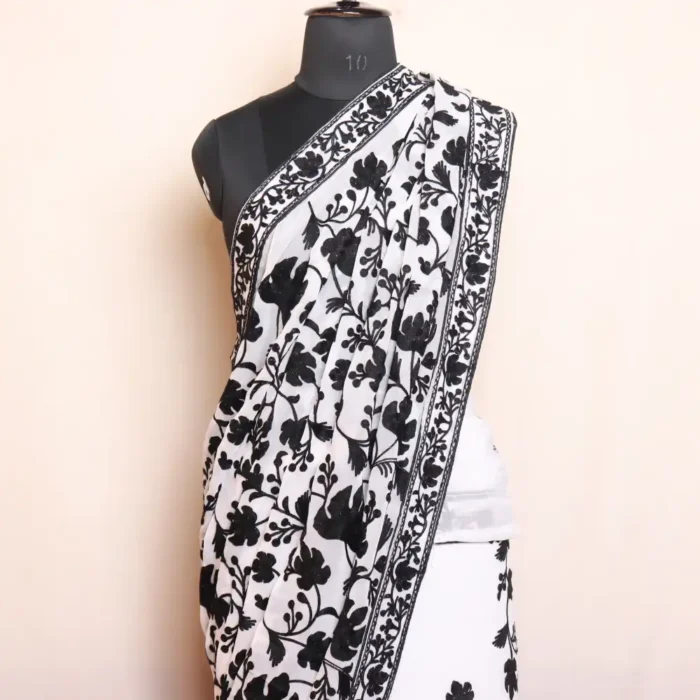 White Akh Rang Georgette Saree with Black Chinari Aari Work - Roshe Collection - Image 3