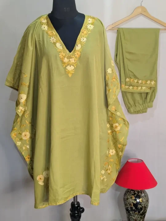 Breathable Kashmiri Lime Green Side Panel Aari Worked Kaftan Set in Summer Cool Fabric - Nowhatta Collection