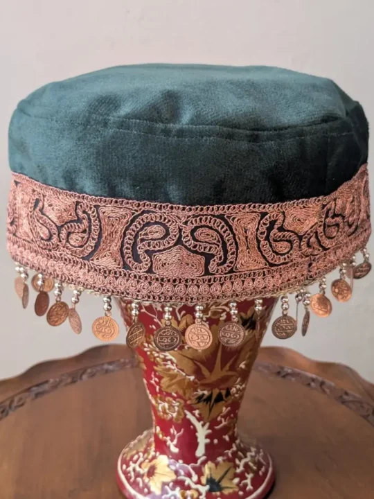 Bottle Green Velvet Bridal Cap with Elegent Badaami Tilla Work
