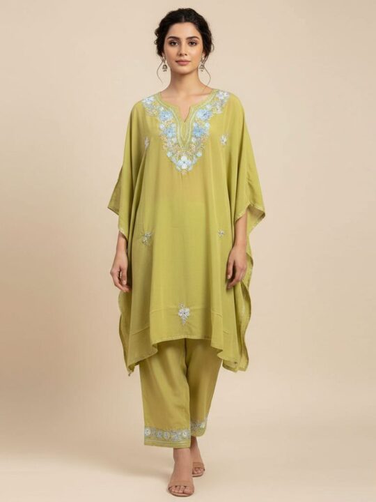 Elegant Kashmiri Lime Green Boothidar Kaftan Set in Summer Cool Fabric with Aari Work - Nowhatta Collection