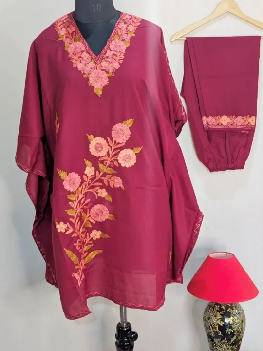 Kashmiri Summer Cool Boothidar Maroon Kaftan Set with Aari Embroidery - Nowhatta Collection