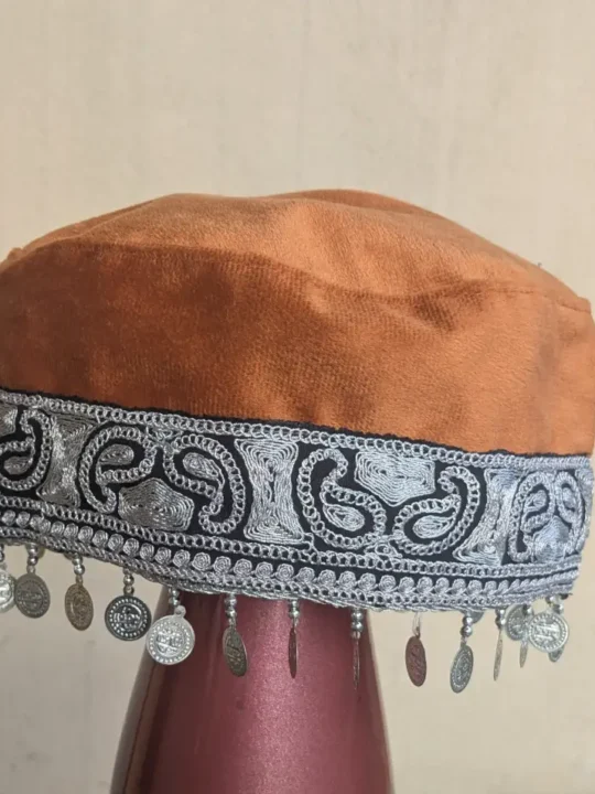 Apricot Velvet Bridal Cap with Intricate Tilla Work