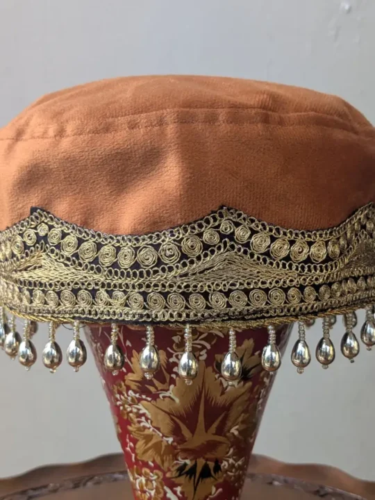 Apricot Kashmiri Velvet Bridal Cap with Tilla Embellishments