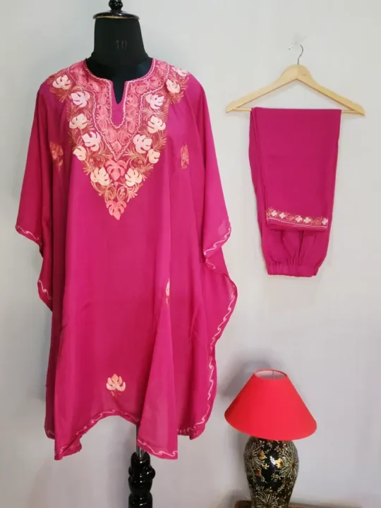 Soft & Elegant Kashmiri Boothidar Kaftan Set with Aari Work in Summer Cool Fabric – Nowhatta Collection