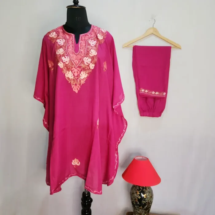 Soft & Elegant Kashmiri Boothidar Kaftan Set with Aari Work in Summer Cool Fabric – Nowhatta Collection