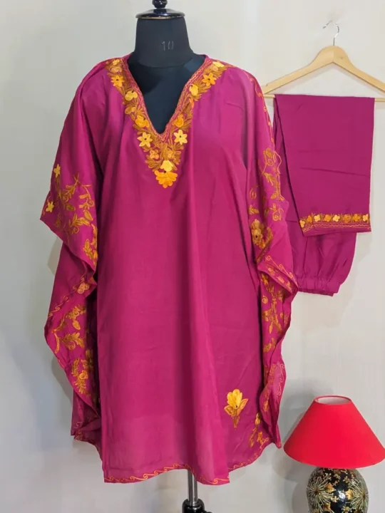 Soft & Stylish Hot-Pink Kashmiri Summer Cool Side Panel Kaftan Set with Aari Embroidery - Nowhatta Collection