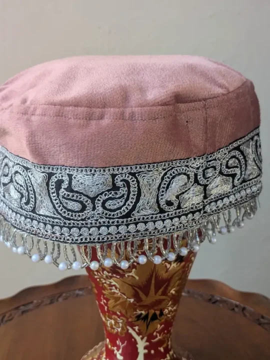 Pinkish Velvet Bridal Cap with Intricate Tilla Work