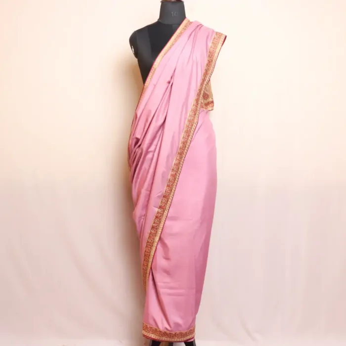 Pinkish Silk Saree with White Sozni and Zari Embroidery - Roshe Collection - Image 2