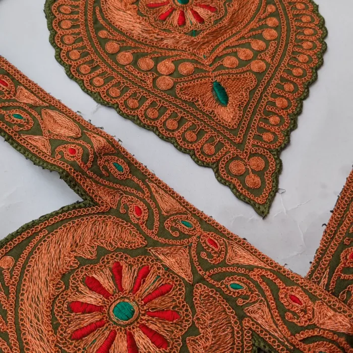 Olive Green & Copper Tilla Neck Patch With Border (2.8m) and Sleeves Patch – Shaan-e-Kashmir - Image 2