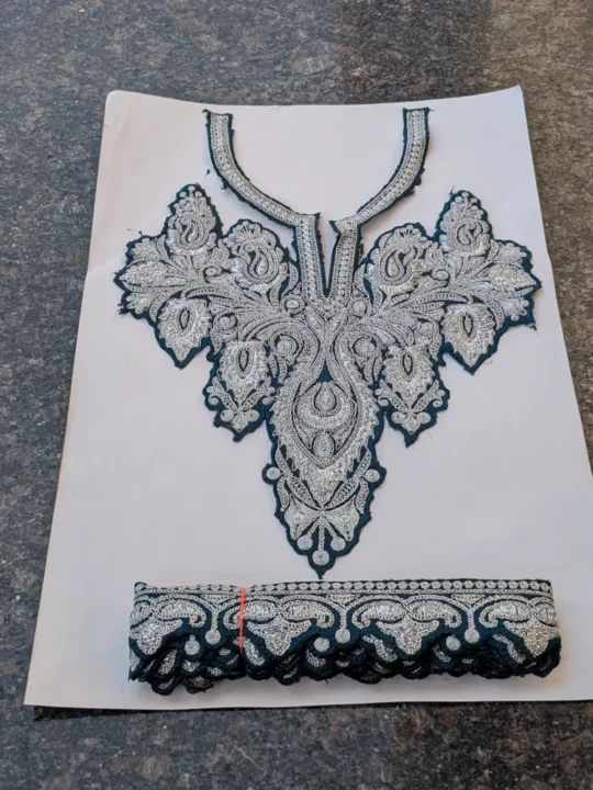 Blue and Silver Twinkling Badami Design Neck Tilla embroidered Patch with (4.5m) Lace