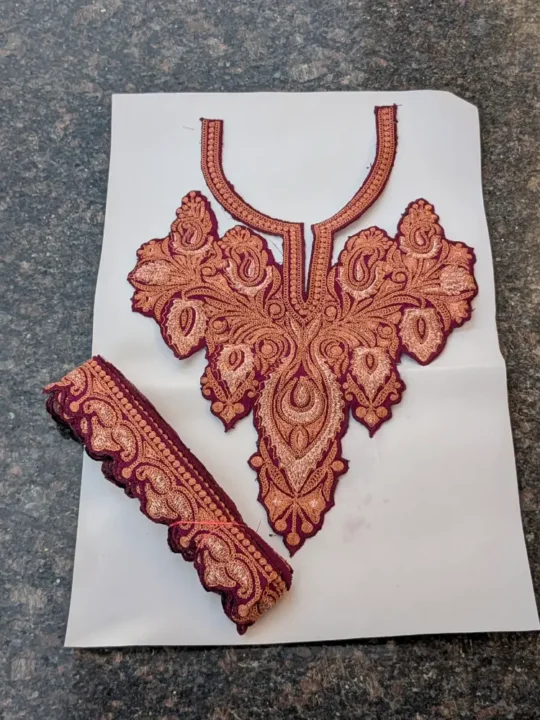 Magenta & Copper Twinkling Badami Design Neck Tilla embroidered Patch with (4.5m) Lace