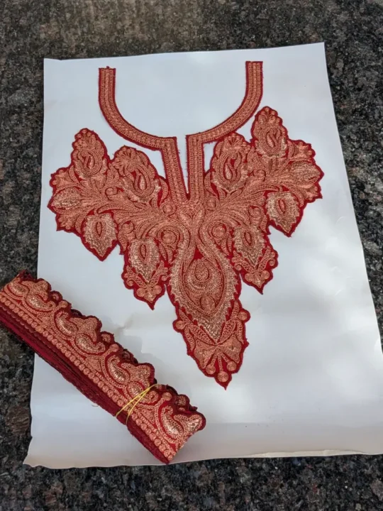 Red & Copper Twinkling Badami Design Neck Tilla embroidered Patch with (4.5m) Lace