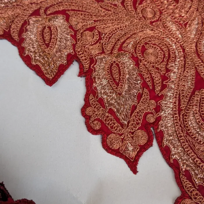 Red & Copper Twinkling Badami Design Neck Tilla embroidered Patch with (4.5m) Lace - Image 2