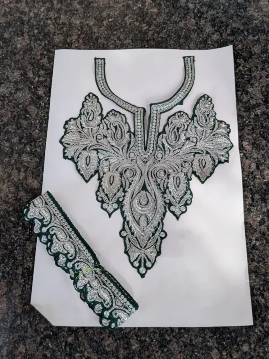 Green & Silver Twinkling Badami Design Neck Tilla embroidered Patch with (4.5m) Lace