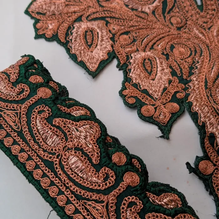 Green & Copper Twinkling Badami Design Neck Tilla embroidered Patch with (4.5m) Lace - Image 2