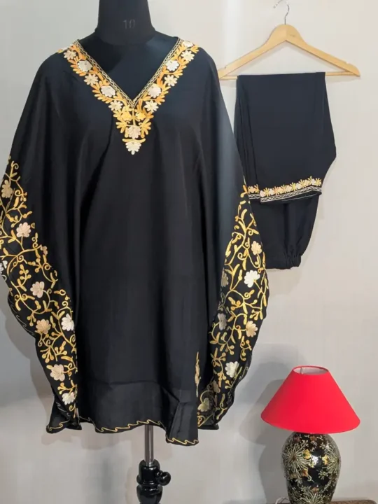 Beautifully Crafted Kashmiri Black Side Panel Aari Worked Kaftan Set in Summer Cool Fabric – Nowhatta Collection