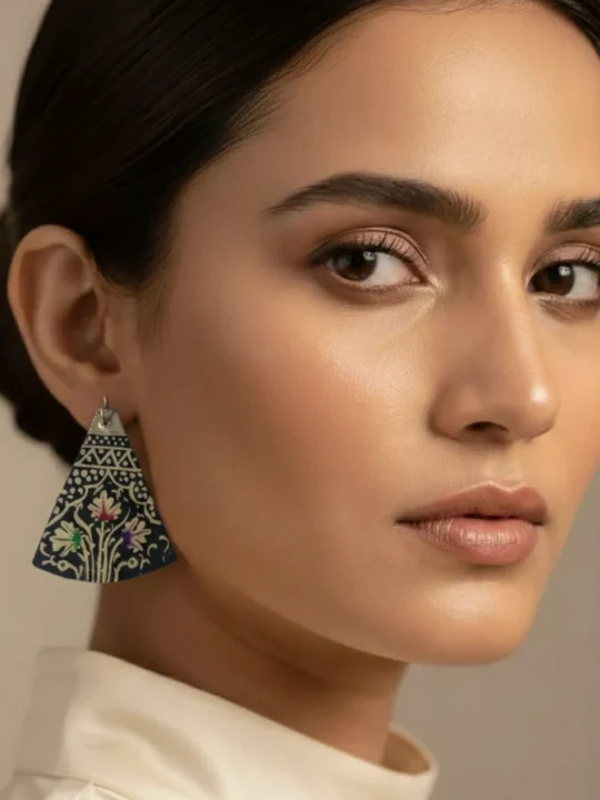 Handcrafted Black Paper Machie Earrings with Traditional Kashmiri Motifs - Aharbal