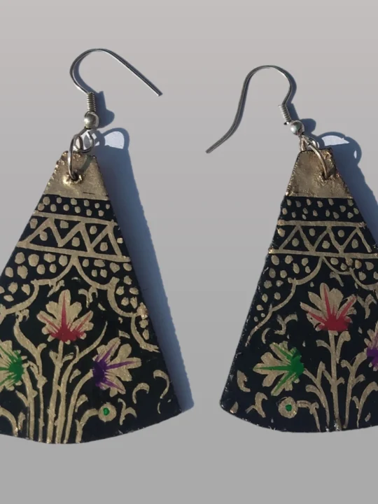 Handcrafted Black Paper Machie Earrings with Traditional Kashmiri Motifs - Aharbal Collection