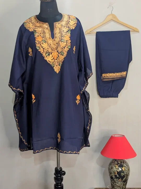 Dark Blue Summer Cool Kashmiri Boothidar Kaftan Set with Aari Embroidery – Nowhatta Collection