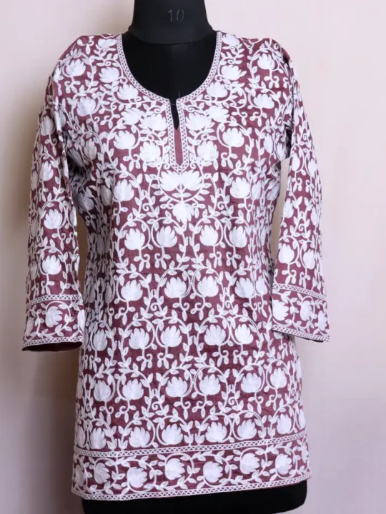 Pamposh All Over Embroidered Brown Short Kurti - Khayam collection