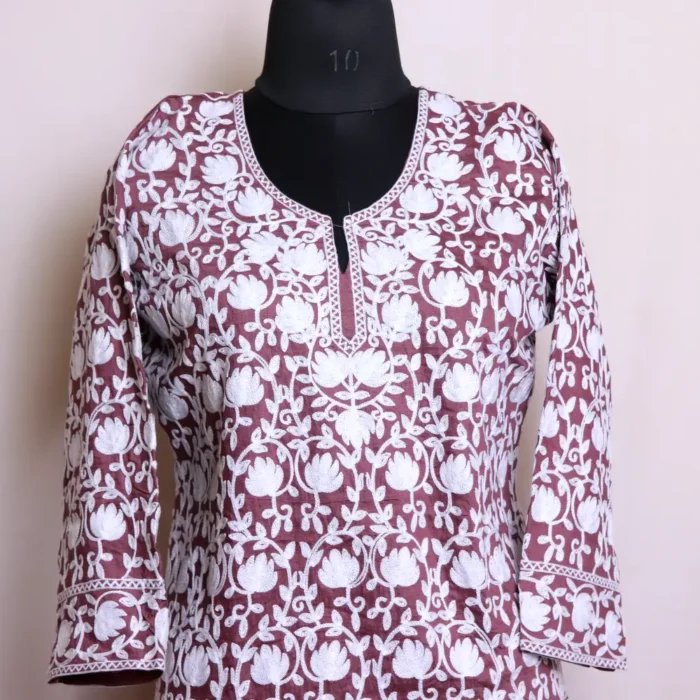 Pamposh All Over Embroidered Brown Short Kurti - Khayam collection - Image 2