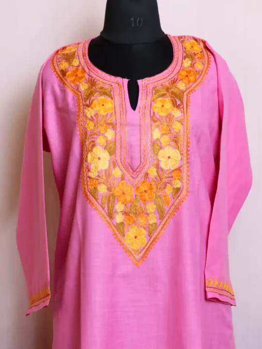 Stylish Kashmiri Kadhai Pink Kurta in Soft Cotton - Dalgate Collection