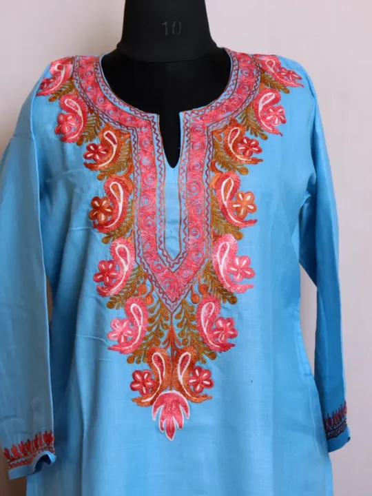 Traditional Kashmiri Sky Blue Kadhai Kurta in Cotton - Dalgate Collection