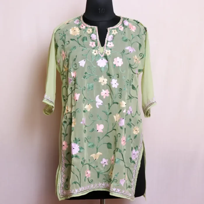Trendy Pale Green Georgette Kurti with All Over Kashmiri Aari Embroidery - Gulbano Collection