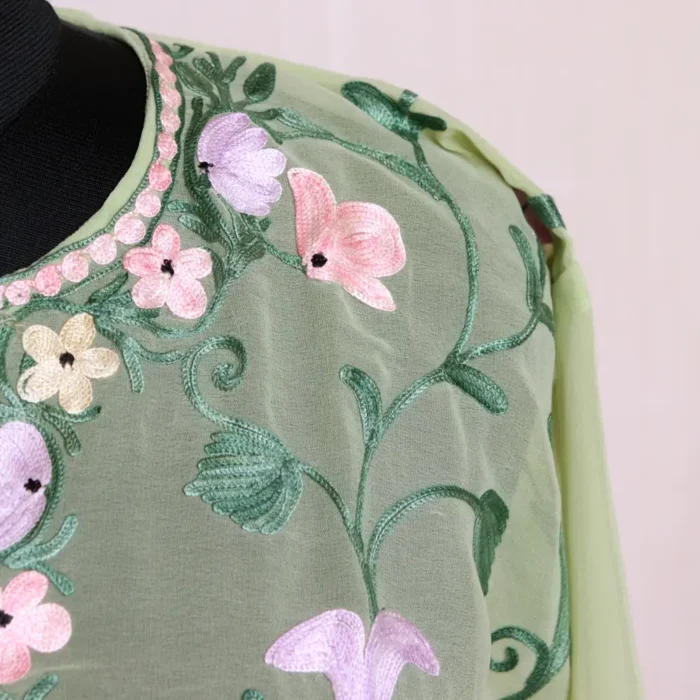 Trendy Pale Green Georgette Kurti with All Over Kashmiri Aari Embroidery - Gulbano Collection - Image 3