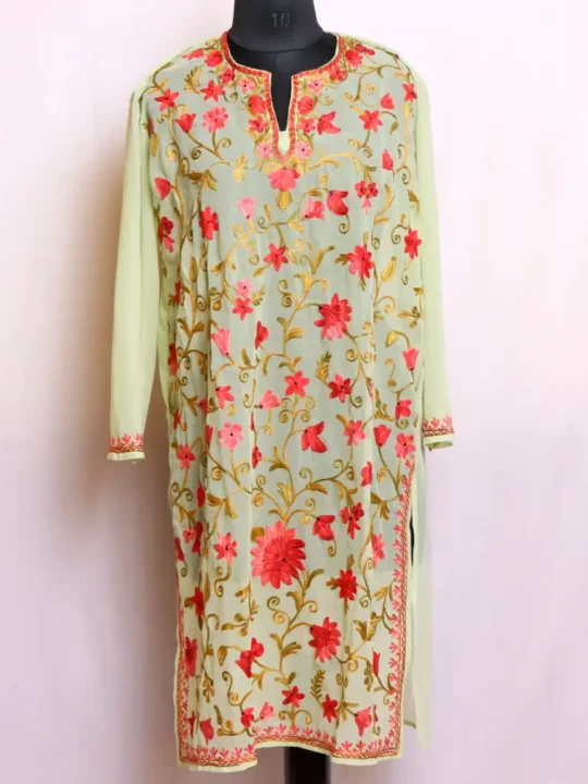 Elegant All Over Kashmiri Aari Embroidered Parrot Green Georgette Kurti - Gulbano Collection