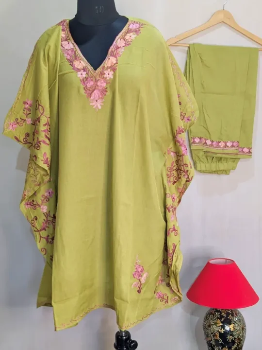 Elegant Kashmiri Lime Green Side Panel Kaftan Set in Summer Cool Fabric with Fine Aari Embroidery - Nowhatta Collection