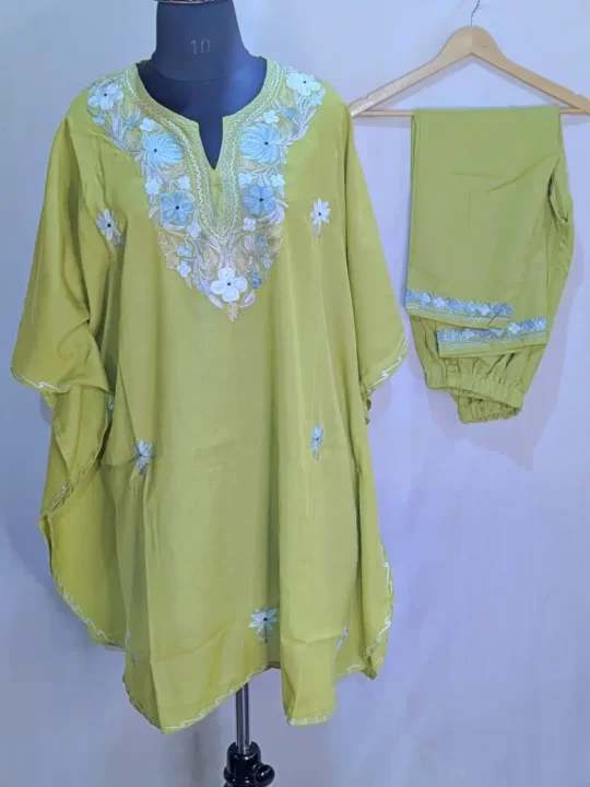 Elegant Kashmiri Lime Green Boothidar Kaftan Set in Summer Cool Fabric with Aari Work - Nowhatta Collection