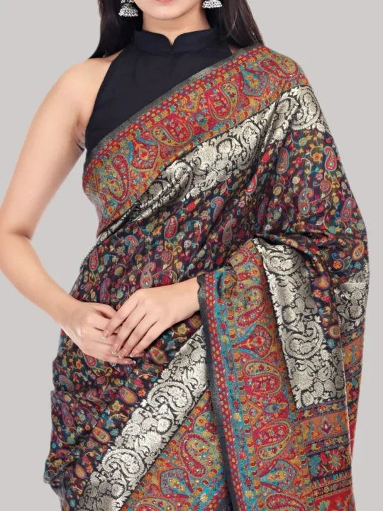 Sapphire Black Kashmiri Silk Badami Jamewar Saree With Multi Color Weaving