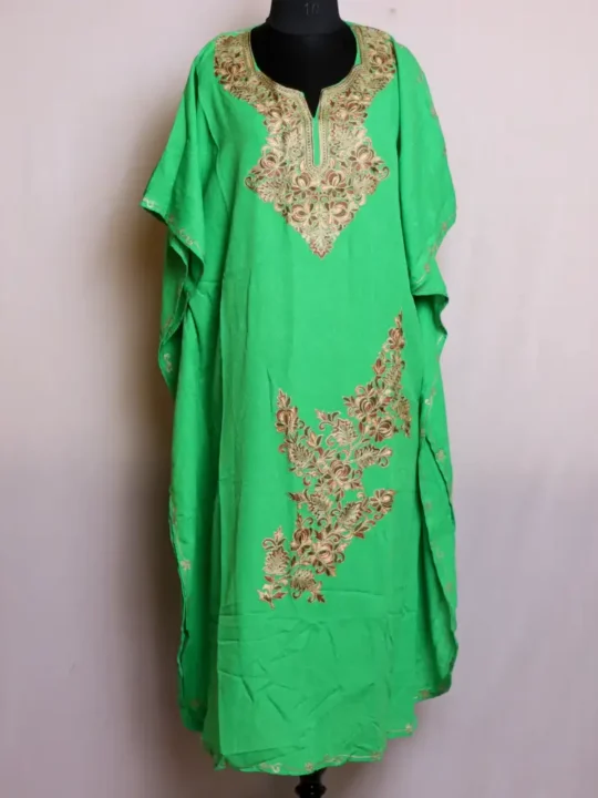 Kashmiri Aari Embroidered Green Long Cotton Kaftan for Summer - Dal Collection