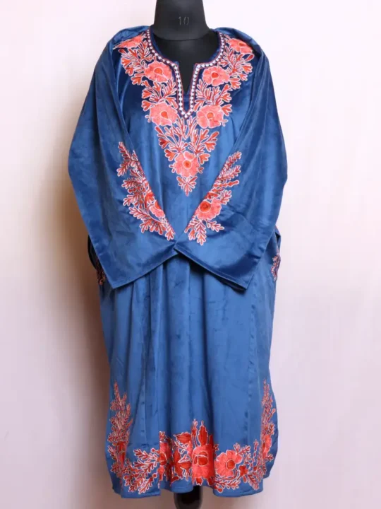 Elegant Royal Blue Designer Velvet Pheran with Aari and Zari Embroidery - Nowhatta Collection