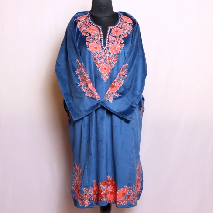 Elegant Royal Blue Designer Velvet Pheran with Aari and Zari Embroidery - Nowhatta Collection