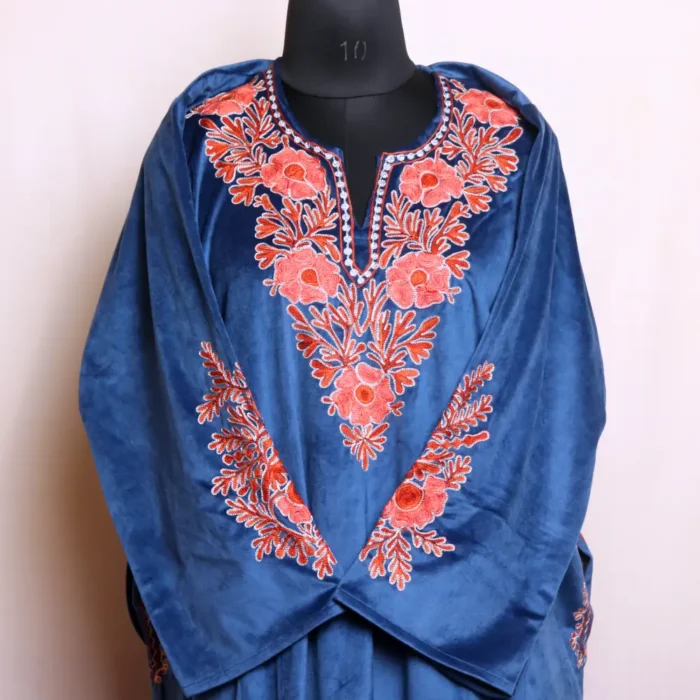 Elegant Royal Blue Designer Velvet Pheran with Aari and Zari Embroidery - Nowhatta Collection - Image 2