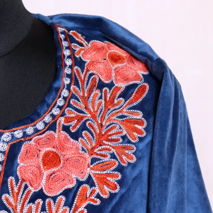 Elegant Royal Blue Designer Velvet Pheran with Aari and Zari Embroidery - Nowhatta Collection - Image 4
