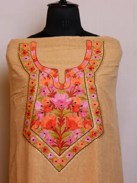 Peach Color 2PC Crush Cotton Suit With Kashmiri Ari and Tilla Work - Dal Gate Collection